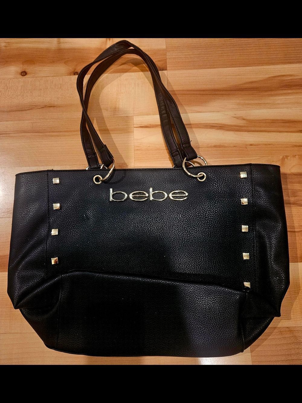 bebe Black Tote with Gold Logo and Stud Accents